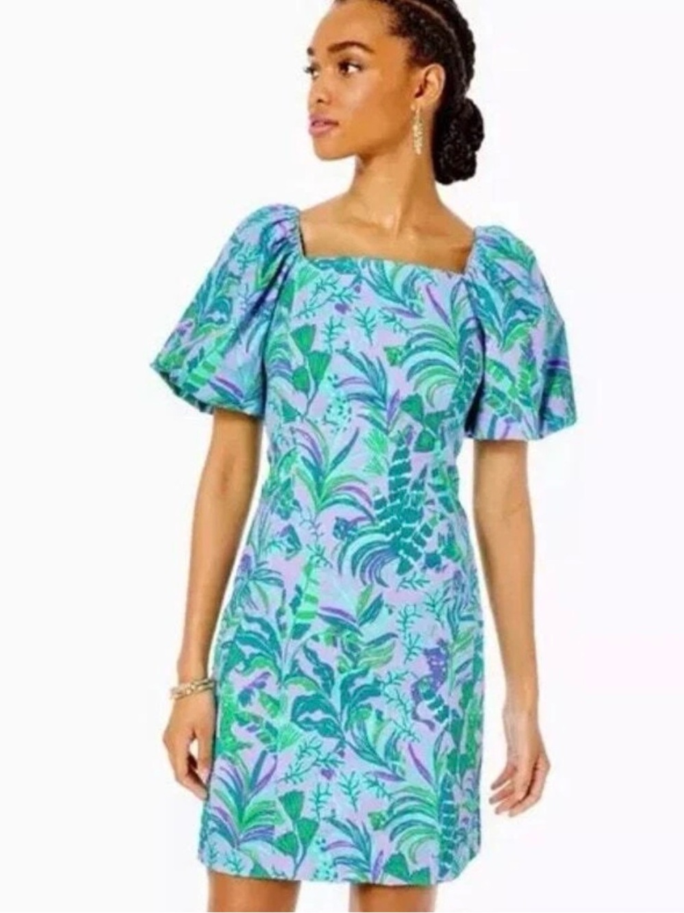Lilly Pulitzer Lavender Blue Green Tropical Print Puff-Sleeve Dress